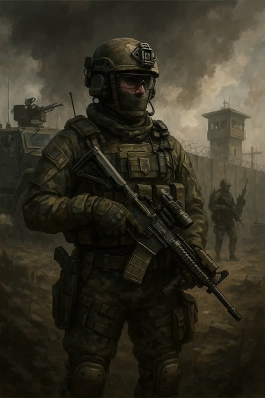 Soldats des Forces Armées d'Altis en patrouille, équipés de véhicules militaires et d'armement moderne