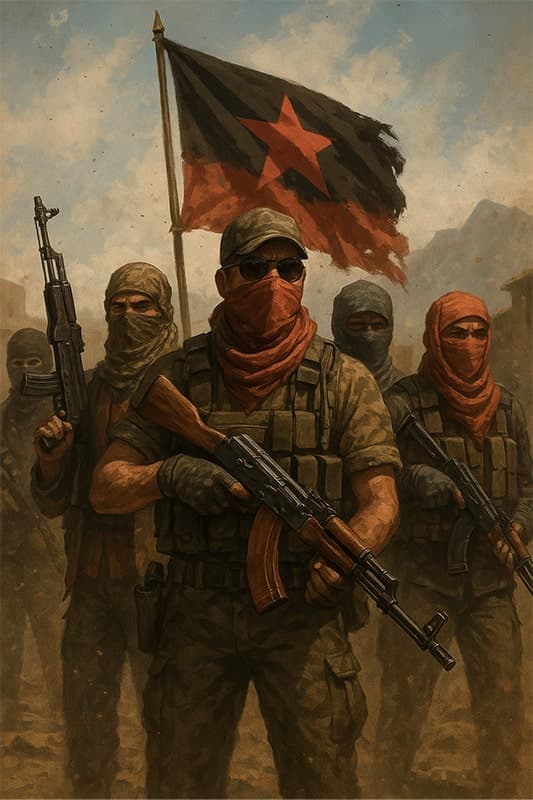 Combattants rebelles d'Altis en position tactique, équipés d'armes capturées et de véhicules modifiés